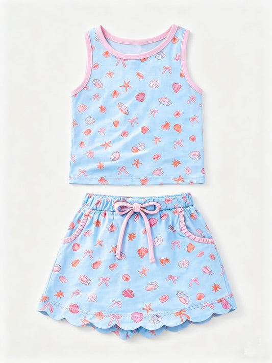 ( Moq 5 ) Preorder Baby Girls Kids Shell Blue Shirt Scallop Pockets Skirt Shorts Set Summer Clothes