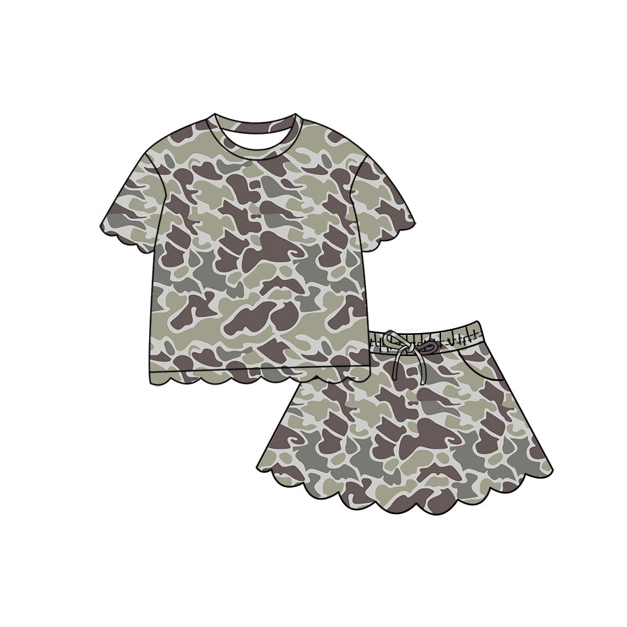 ( Moq 5 ) Preorder Baby Girls Kids Short Sleeves Scallop Shirt Skirt Shorts Camo Set Clothes