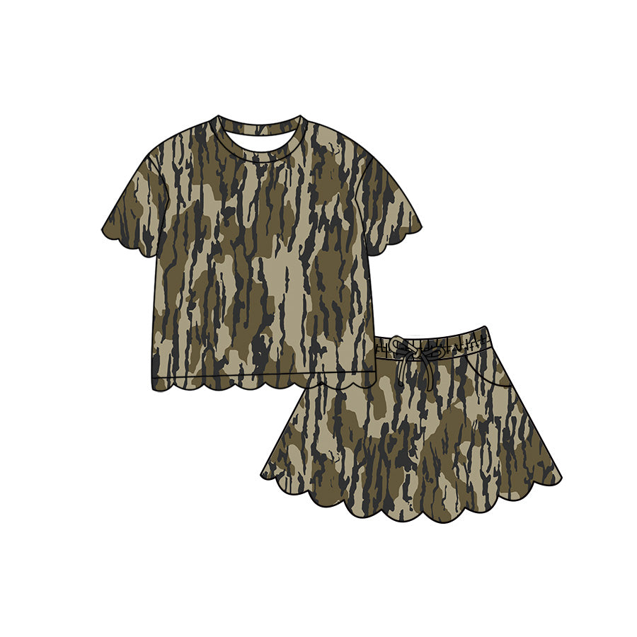 ( Moq 5 ) Preorder Baby Girls Kids Short Sleeves Scallop Shirt Skirt Shorts Olive Camo Set Clothes