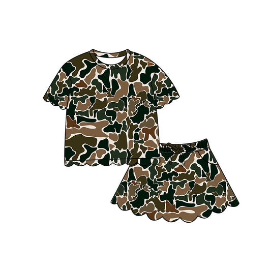( Moq 5 ) Preorder Baby Girls Kids Short Sleeves Scallop Shirt Skirt Shorts Brown Camo Set Clothes