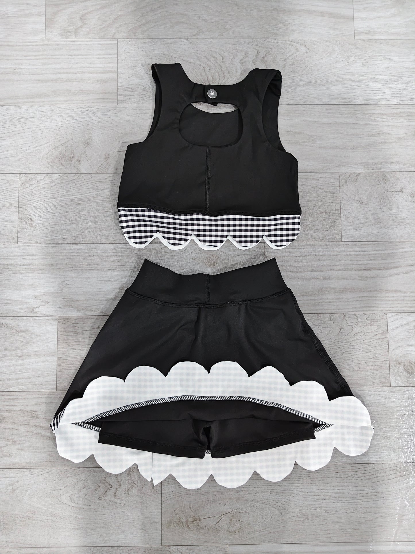 ( No moq ) Preorder Baby Girls Kids Scallop Shirt Black Plaid Bows Skirt Shorts Set Yoga Active Clothes