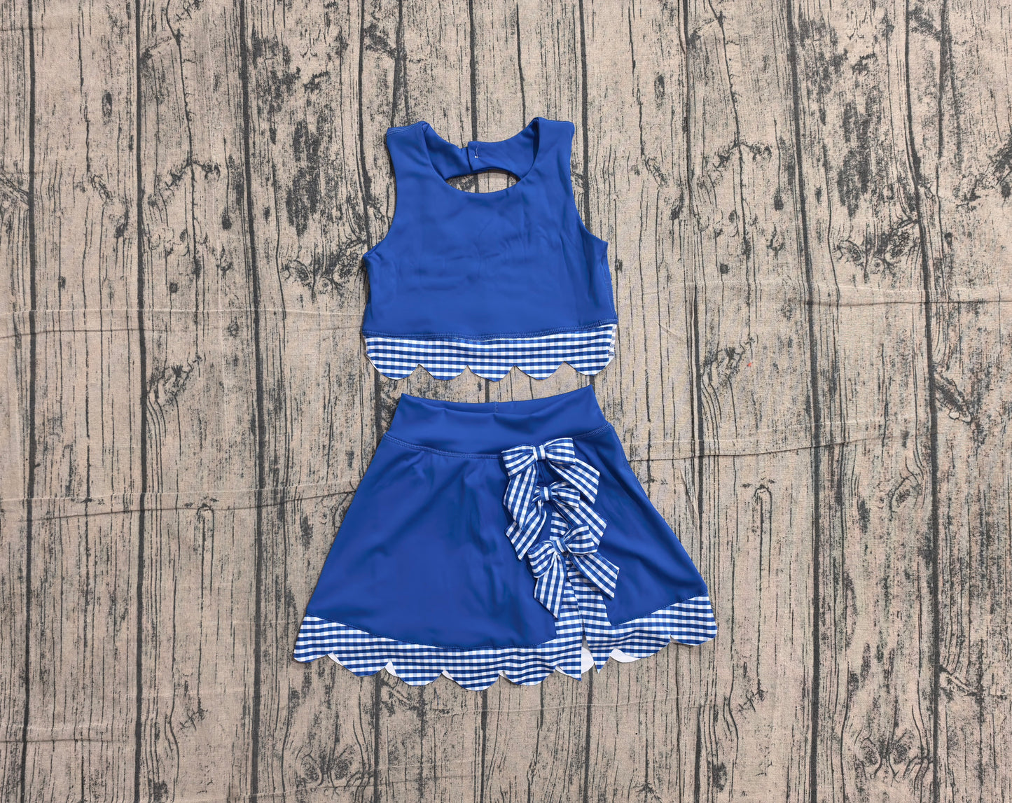 ( No moq ) Preorder Baby Girls Kids Scallop Shirt Blue Plaid Bows Skirt Shorts Set Yoga Active Clothes