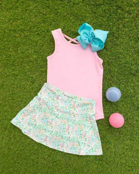 ( No moq ) Preorder Baby Girl Kids Sleeveless Pink Vest Tops Flower Skirt Shorts Set Summer Clothes
