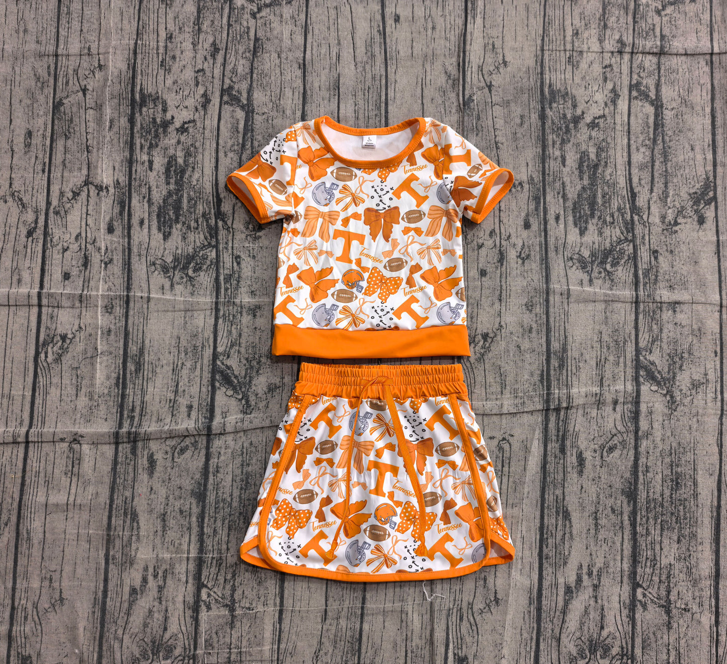 ( No moq ) Preorder Baby Girls Kids Short Sleeves Orange Bows Shirt Team Skirt Shorts Yoga Set