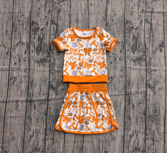 ( No moq ) Preorder Baby Girls Kids Short Sleeves Orange Bows Shirt Team Skirt Shorts Yoga Set