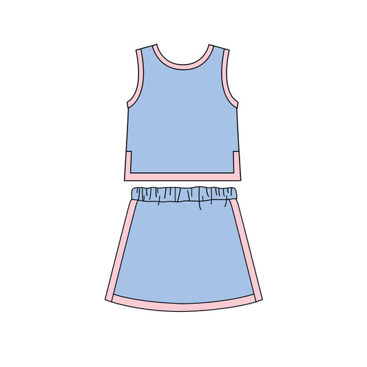 ( Moq 5 ) Preorder Baby Girls Kids Sleeveless Shirt Skirt Shorts Cotton Blue Set Clothes