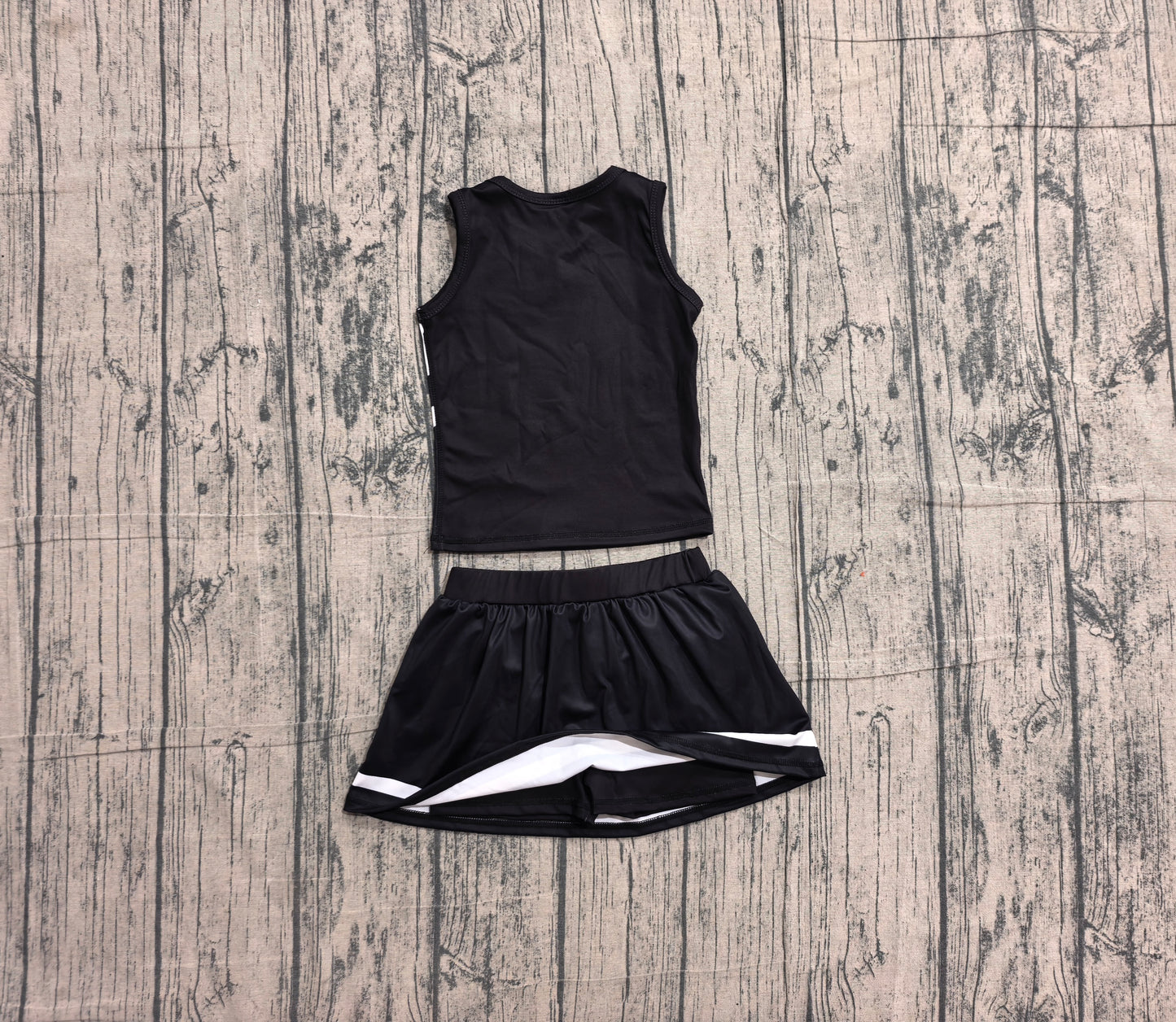 ( No moq ) Preorder Baby Girls Kids Sleeveless Tops Skirt Shorts Black Set Yoga Team Clothes