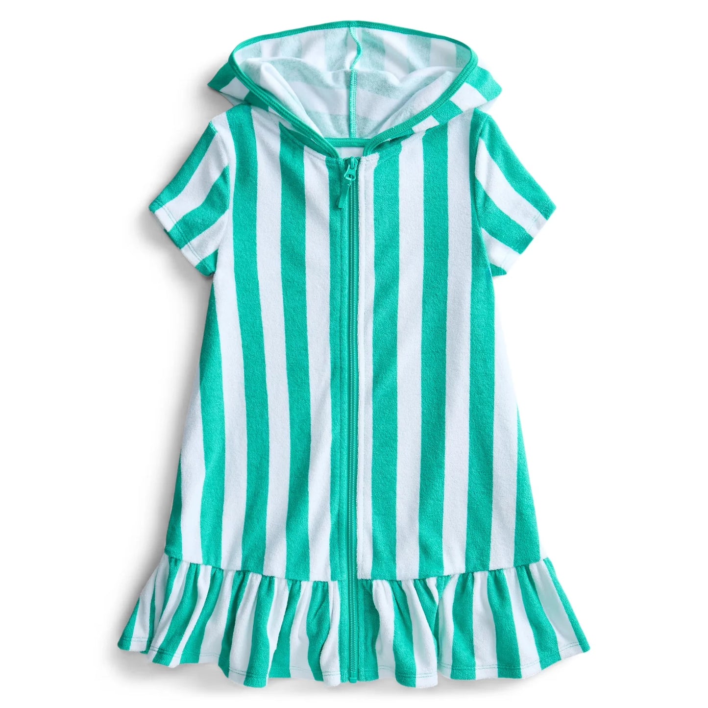 ( Moq 5 ) Preorder Baby Girls Kids Green Stripes Hoodie Zipper Ruffle Dress Yoga Active Clothes