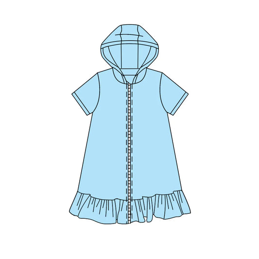 ( Moq 5 ) Preorder Baby Girls Kids Blue Short Sleeves Zipper Ruffle Hoodie Dress Yoga Active Clothes