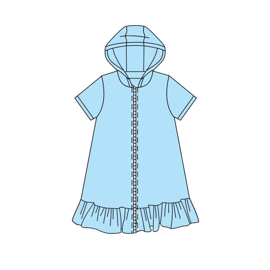 ( Moq 5 ) Preorder Baby Girls Kids Blue Short Sleeves Zipper Ruffle Hoodie Dress Yoga Active Clothes