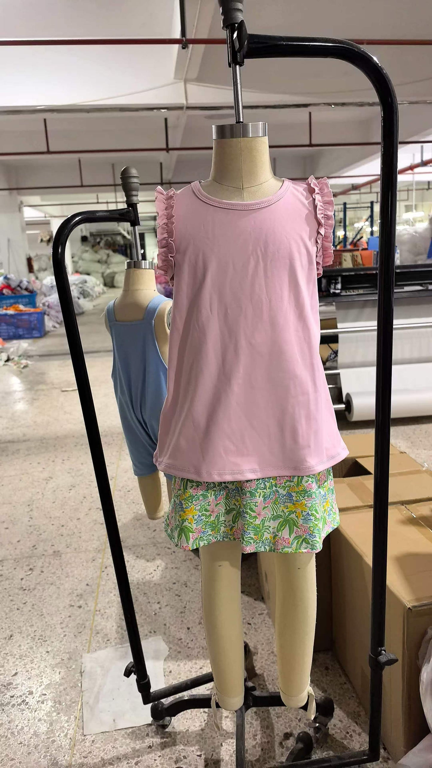 ( No moq ) Preorder Baby Girls Kids Pink Cotton Tops Flower Yoga Skirt Shorts Set