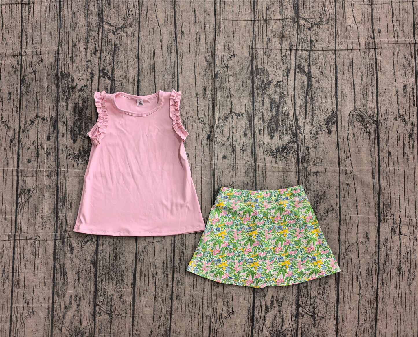 ( No moq ) Preorder Baby Girls Kids Pink Cotton Tops Flower Yoga Skirt Shorts Set