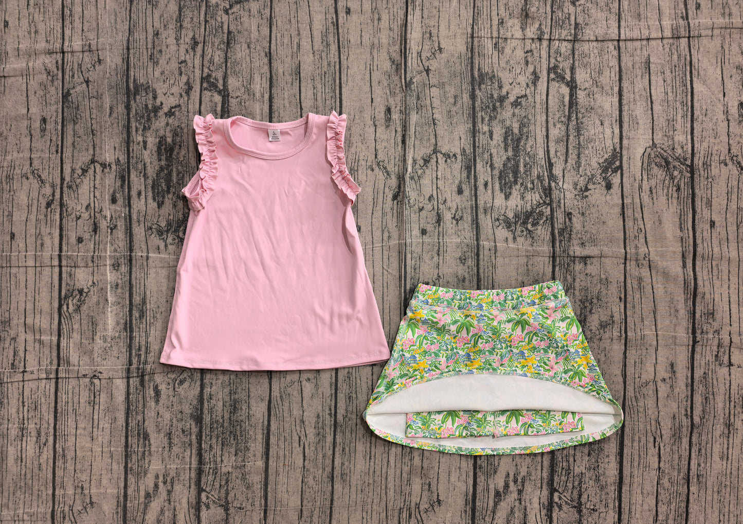 ( No moq ) Preorder Baby Girls Kids Pink Cotton Tops Flower Yoga Skirt Shorts Set