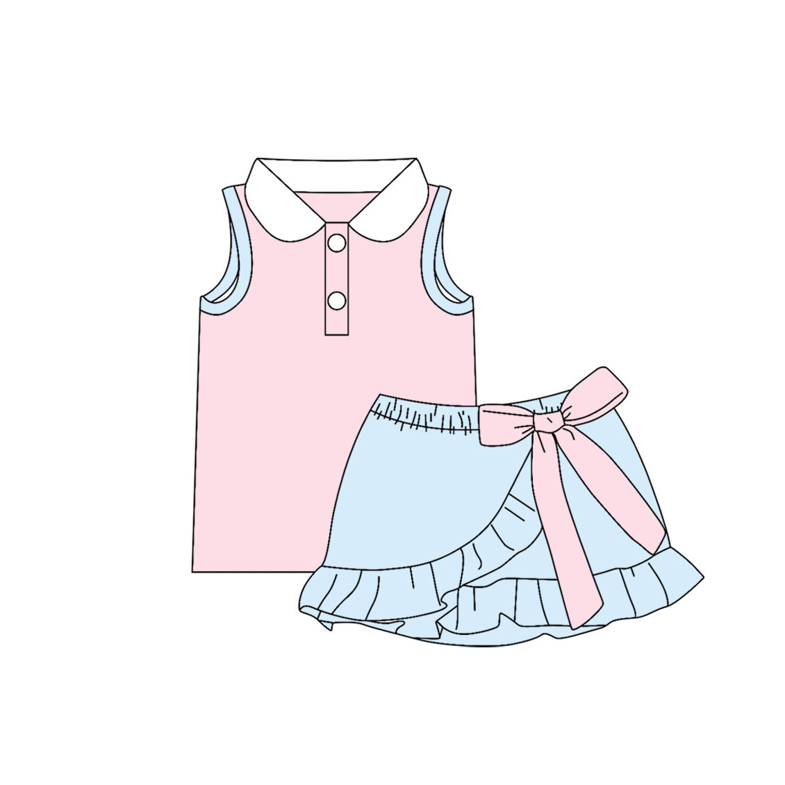 ( Moq 5 ) Preorder Baby Girls Kids Buttons Pink Shirt Bow Ruffle Blue Skirt Shorts Set Cotton Clothes
