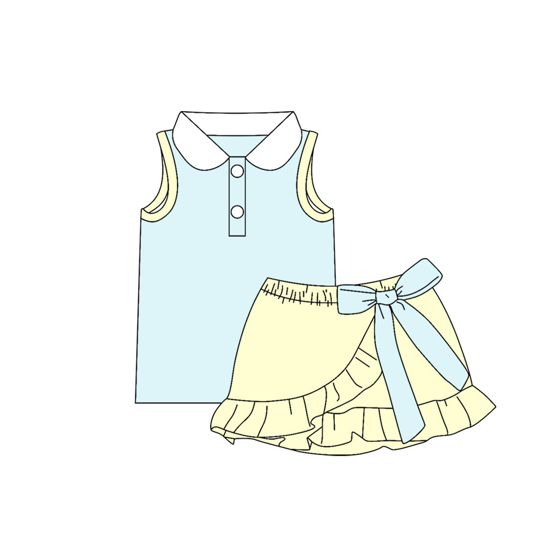 ( Moq 5 ) Preorder Baby Girls Kids Buttons Blue Shirt Bow Ruffle Yellow Skirt Shorts Set Cotton Clothes