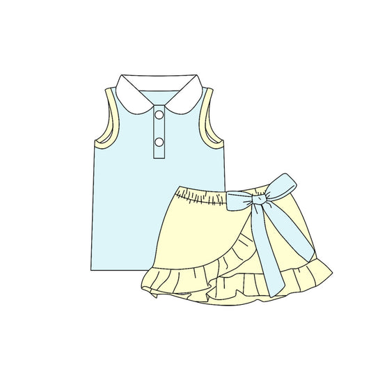 ( Moq 5 ) Preorder Baby Girls Kids Buttons Blue Shirt Bow Ruffle Yellow Skirt Shorts Set Cotton Clothes