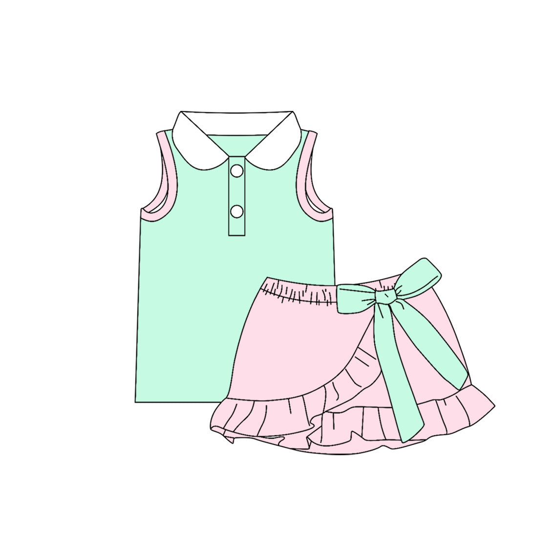 ( Moq 5 ) Preorder Baby Girls Kids Buttons Green Shirt Bow Ruffle Pink Skirt Shorts Set Cotton Clothes