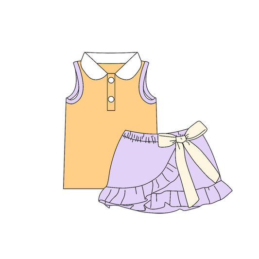 ( Moq 5 ) Preorder Baby Girls Kids Buttons Orange Shirt Bow Ruffle Purple Skirt Shorts Set Cotton Clothes