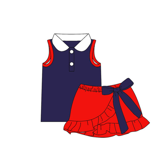 ( Moq 5 ) Preorder Baby Girls Kids Buttons Navy Shirt Bow Ruffle Red Skirt Shorts Set Cotton Clothes