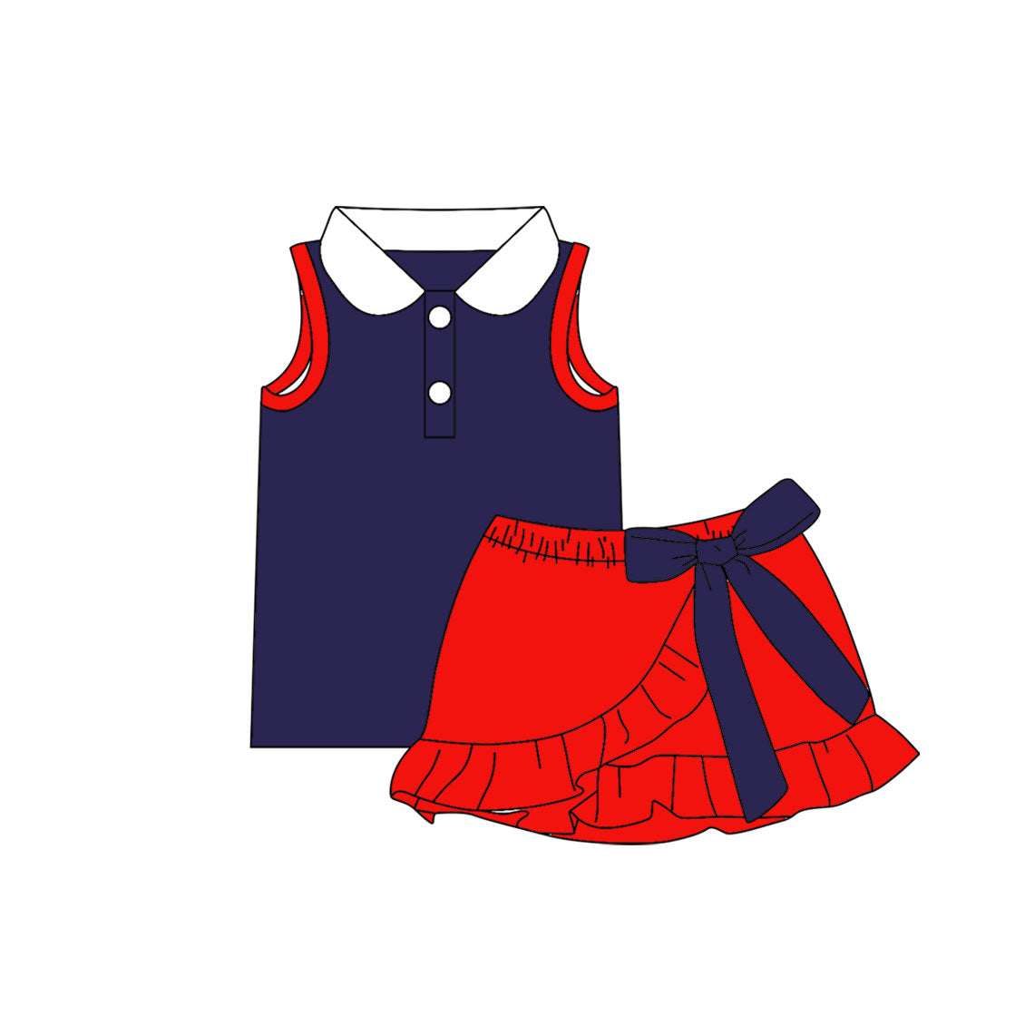 ( Moq 5 ) Preorder Baby Girls Kids Buttons Navy Shirt Bow Ruffle Red Skirt Shorts Set Cotton Clothes