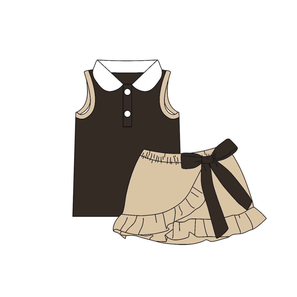 ( Moq 5 ) Preorder Baby Girls Kids Buttons Black Shirt Bow Ruffle Khaki Skirt Shorts Set Cotton Clothes
