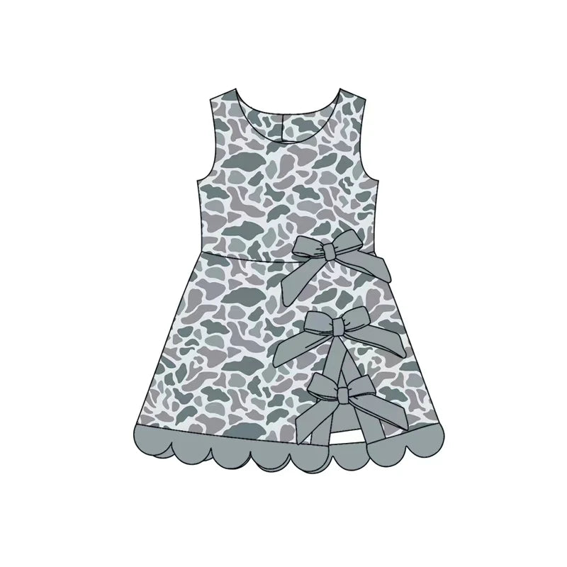 ( Moq 5 ) Preorder Baby Girls Kids Grey Camo Bows Shorts Scallop Dress Yoga Active Clothes