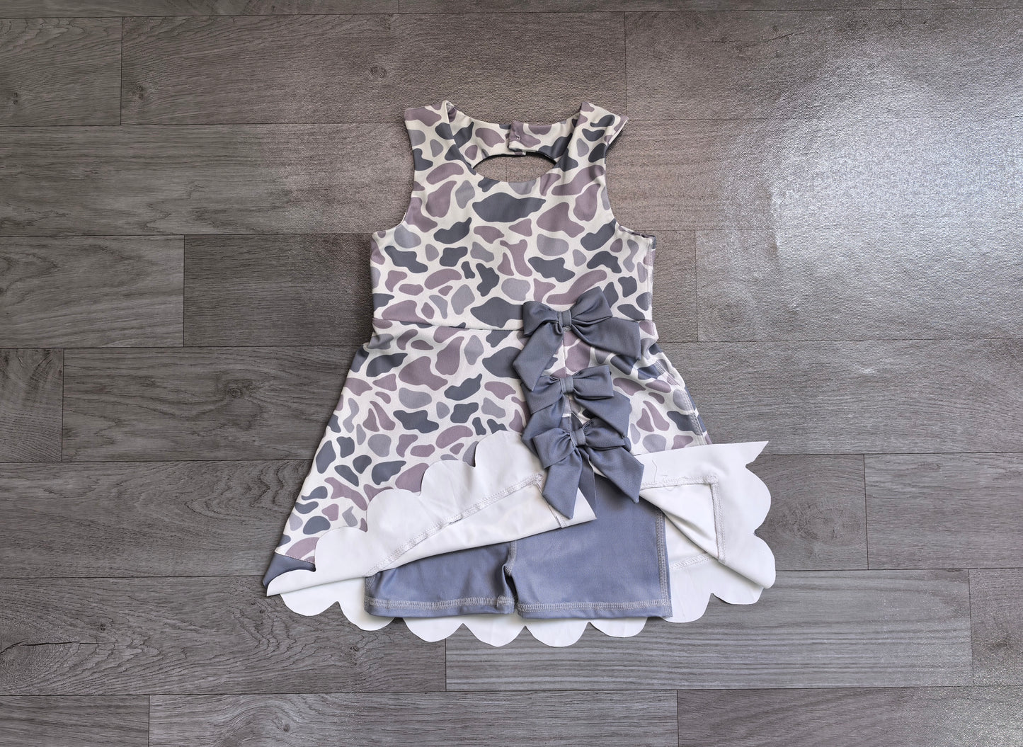 ( No moq ) Preorder Baby Girls Kids Grey Camo Bows Shorts Scallop Dress Yoga Active Clothes