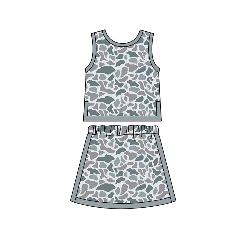 ( Moq 5 ) Preorder Baby Girls Kids Grey Camo Tops Skirt Shorts Set Yoga Active Clothes