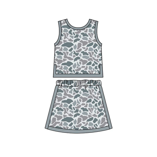 ( Moq 5 ) Preorder Baby Girls Kids Grey Camo Tops Skirt Shorts Set Yoga Active Clothes