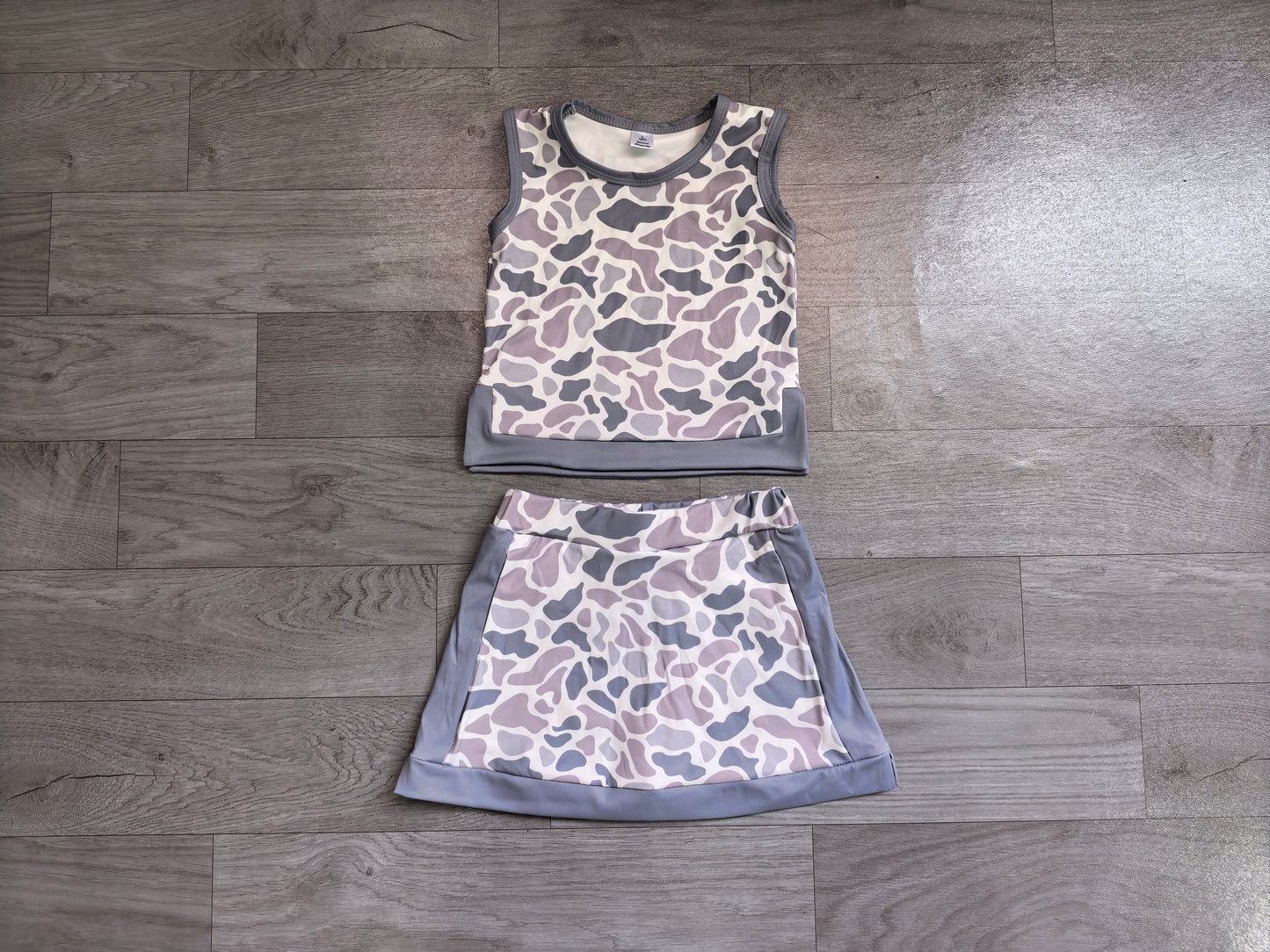 ( No moq ) Preorder Baby Girls Kids Grey Camo Tops Skirt Shorts Set Yoga Active Clothes