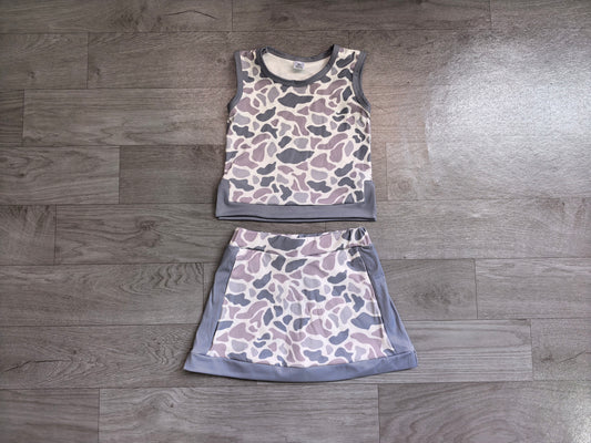 ( No moq ) Preorder Baby Girls Kids Grey Camo Tops Skirt Shorts Set Yoga Active Clothes