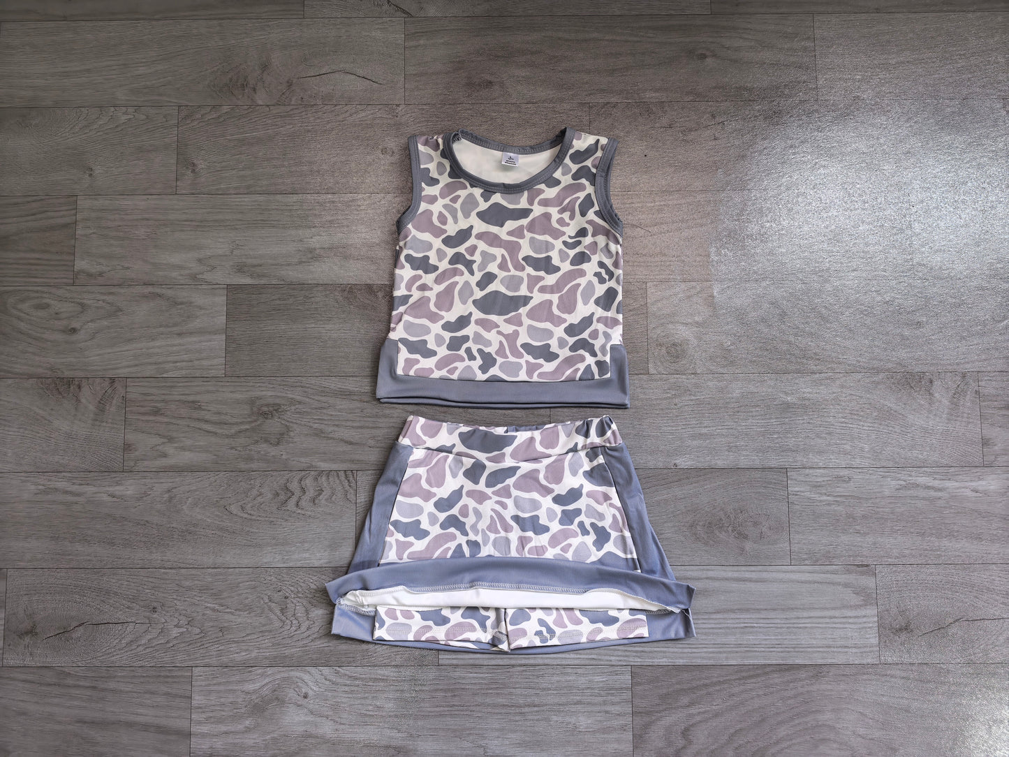 ( No moq ) Preorder Baby Girls Kids Grey Camo Tops Skirt Shorts Set Yoga Active Clothes