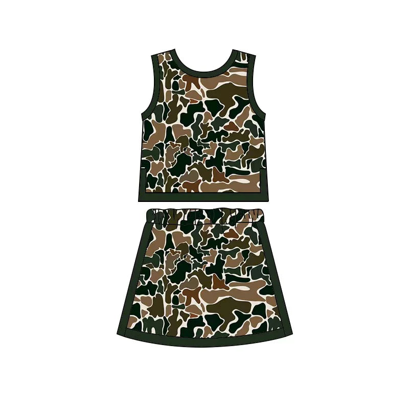 ( Moq 5 ) Preorder Baby Girls Kids Brown Green Camo Tops Skirt Shorts Set Yoga Active Clothes