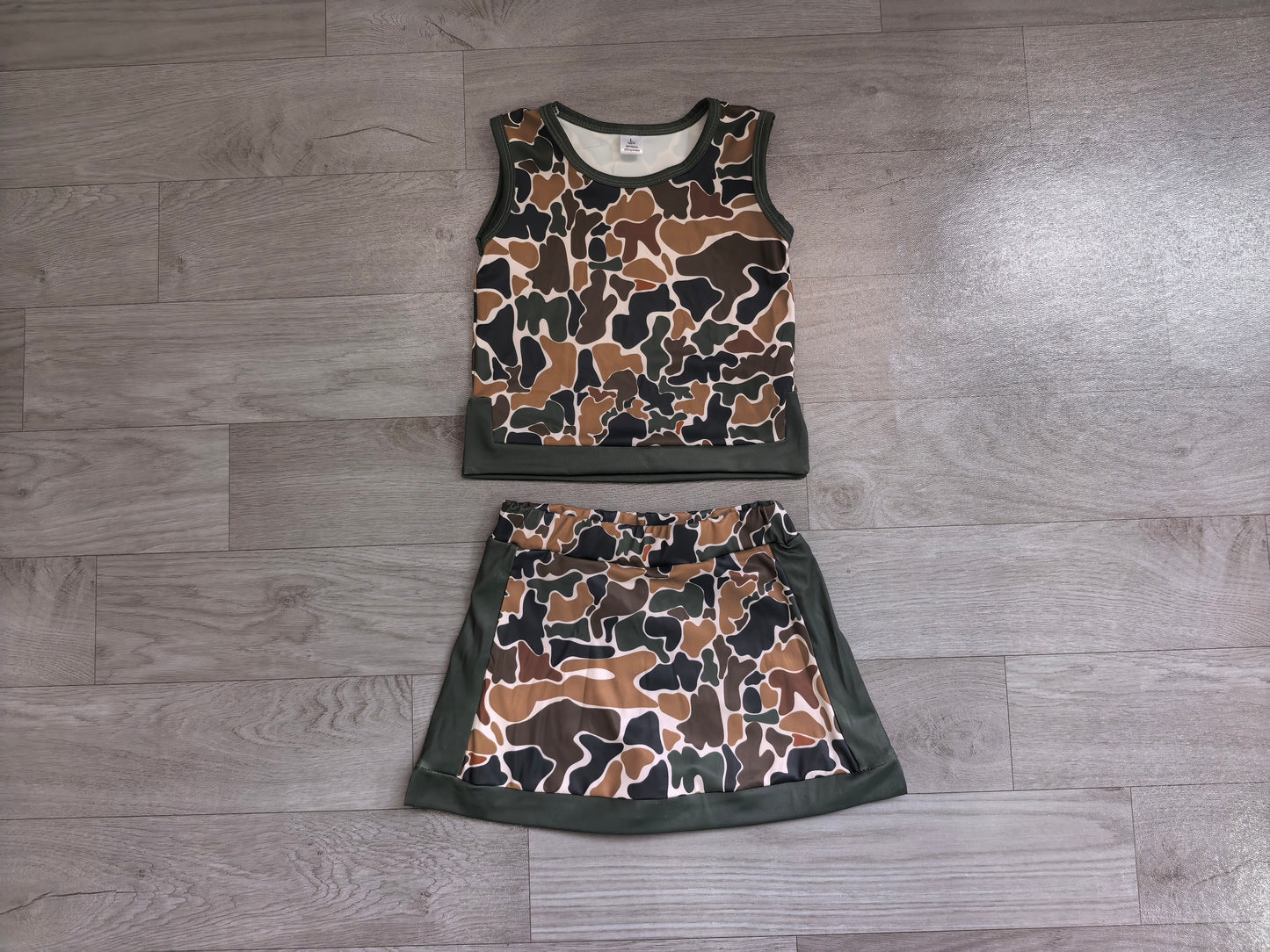 ( No moq ) Preorder Baby Girls Kids Brown Green Camo Tops Skirt Shorts Set Yoga Active Clothes