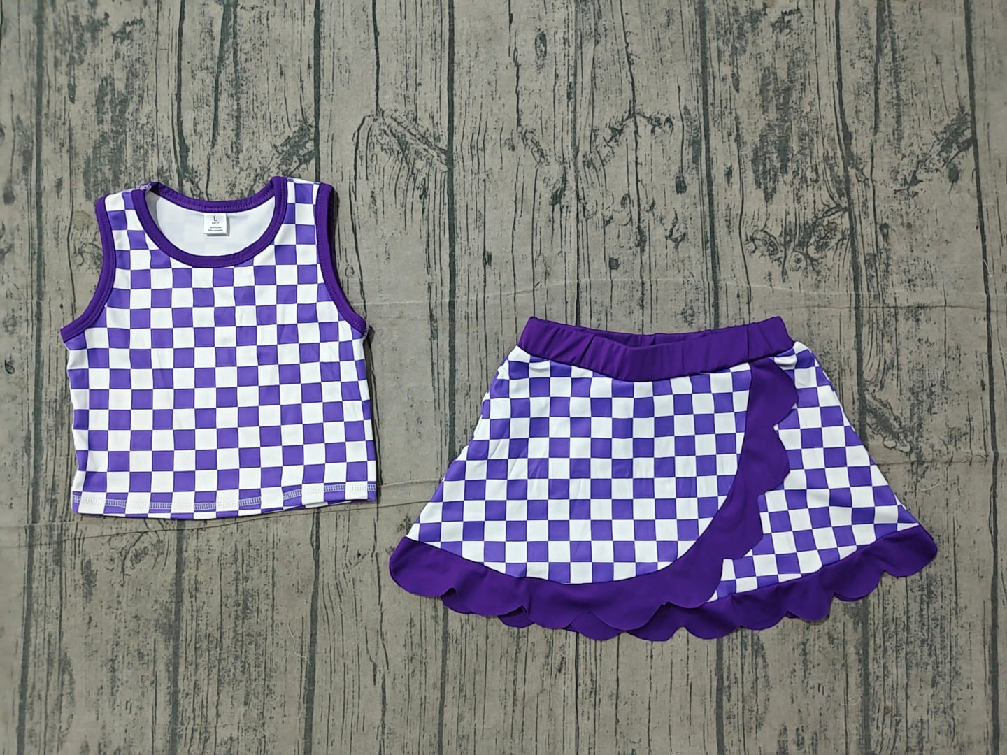 ( No moq ) Preorder Baby Girls Kids Sleeveless Purple Checked Shirt Scallop Skirt Shorts Yoga Active Set Clothes
