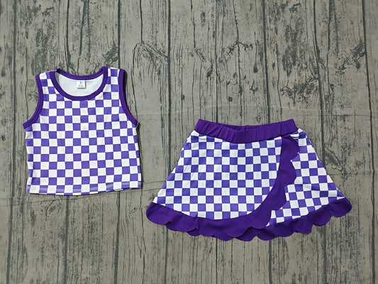 ( No moq ) Preorder Baby Girls Kids Sleeveless Purple Checked Shirt Scallop Skirt Shorts Yoga Active Set Clothes