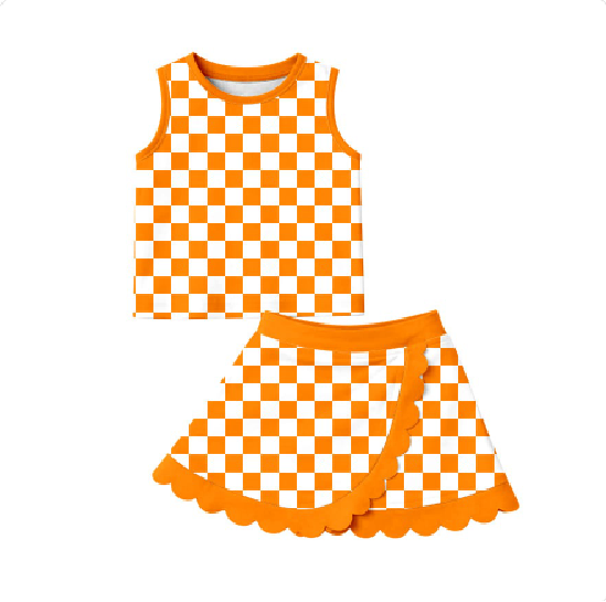( Moq 5 ) Preorder Baby Girls Kids Sleeveless Orange Checked Shirt Scallop Skirt Shorts Yoga Active Set Clothes