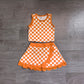 ( No moq ) Preorder Baby Girls Kids Sleeveless Orange Checked Shirt Scallop Skirt Shorts Yoga Active Set Clothes