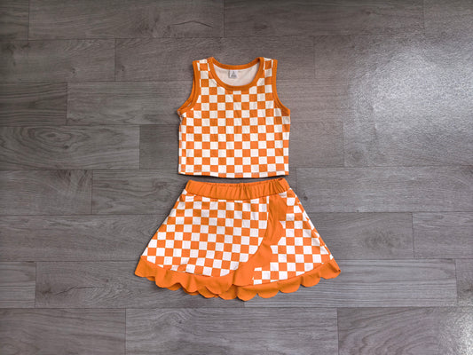 ( No moq ) Preorder Baby Girls Kids Sleeveless Orange Checked Shirt Scallop Skirt Shorts Yoga Active Set Clothes