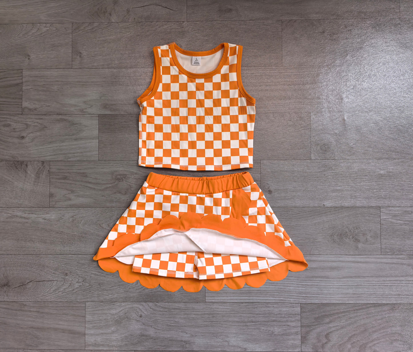 ( No moq ) Preorder Baby Girls Kids Sleeveless Orange Checked Shirt Scallop Skirt Shorts Yoga Active Set Clothes