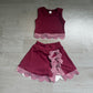 ( No moq ) Preorder Baby Girls Kids Dark Red Vest Plaid Bows Scallop Bows Skirt Shorts Yoga Active Set Clothes