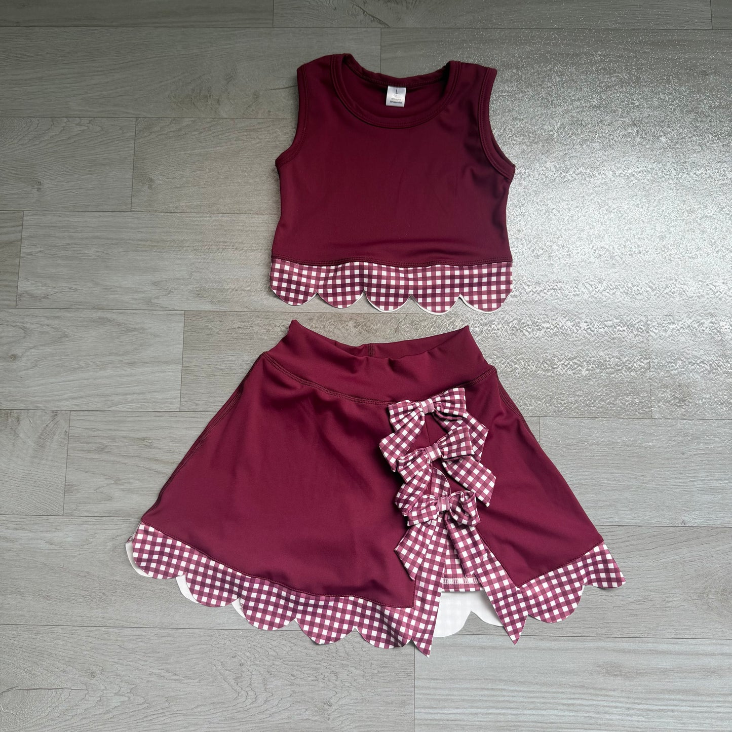 ( No moq ) Preorder Baby Girls Kids Dark Red Vest Plaid Bows Scallop Bows Skirt Shorts Yoga Active Set Clothes