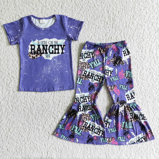 Promotion Baby Girl Purple Short Sleeves Shirt Bell Pants Western Rodeo Outfit RTS