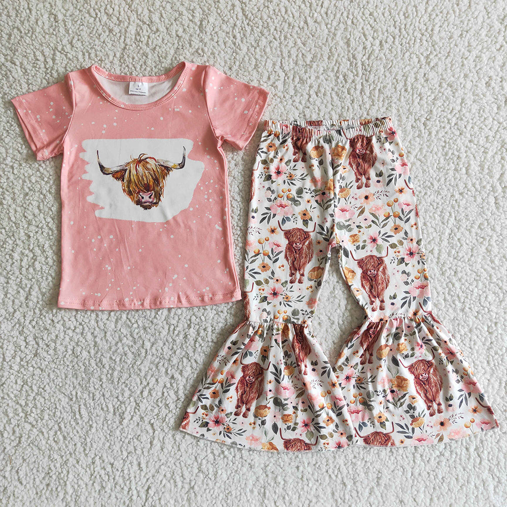 Baby Girl Short Sleeves Western Cow Flower Sibling Dress Romper Clothes Set