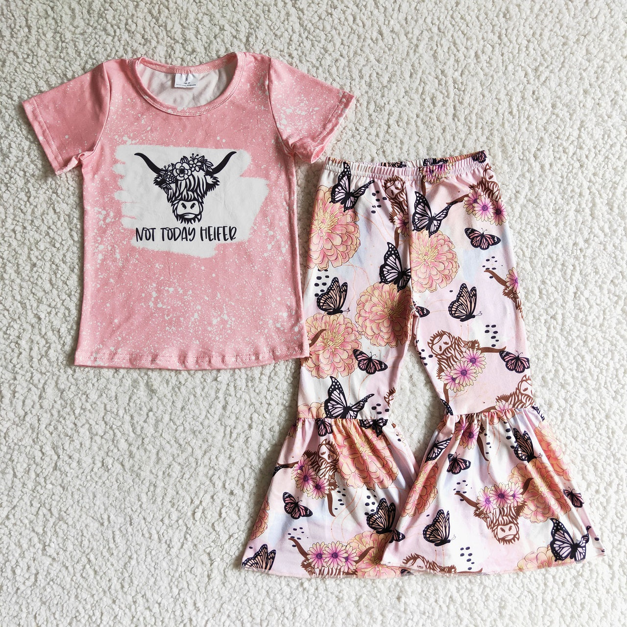 Promotion Baby Girl Short Sleeves Western Cow Shirt Flower Butterfly Bell Pants Outfit