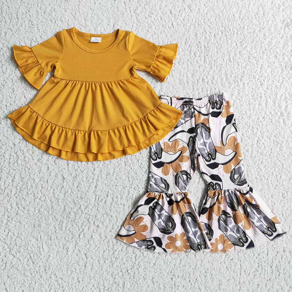 Sibling Baby Girls Short Sleeves Ruffle Tunic Western Print Bell Pants Clothes Sets RTS