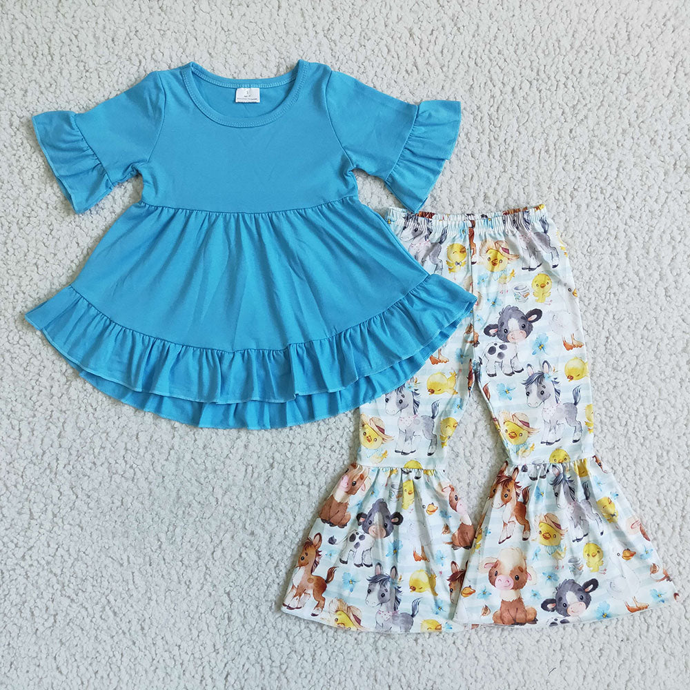 Sibling Baby Girls Short Sleeves Ruffle Tunic Western Print Bell Pants Clothes Sets RTS
