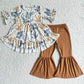 Sibling Baby Girls Short Sleeves Ruffle Tunic Western Print Bell Pants Clothes Sets RTS