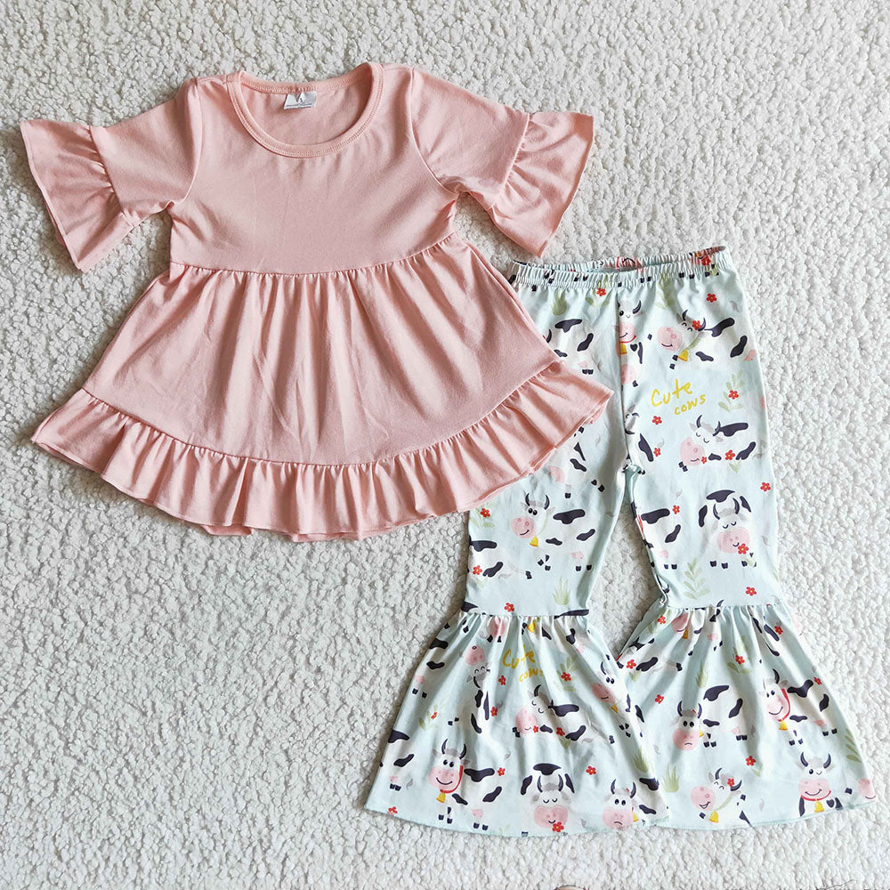 Sibling Baby Girls Short Sleeves Ruffle Tunic Western Print Bell Pants Clothes Sets RTS