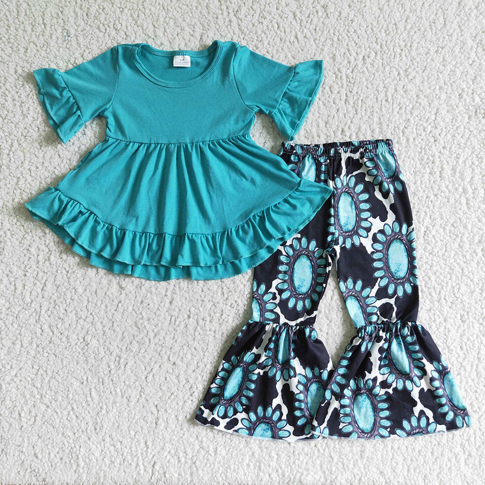 Sibling Baby Girls Short Sleeves Ruffle Tunic Western Print Bell Pants Clothes Sets RTS